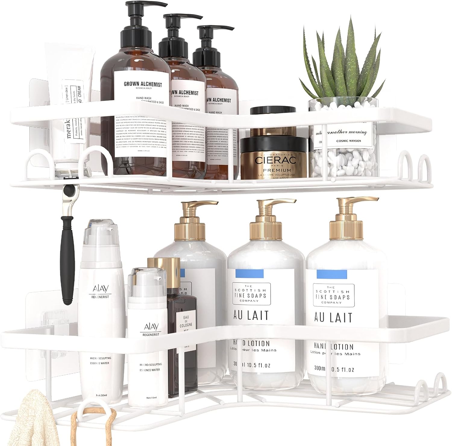 Corner Shower Caddy - 2 Pack, Adhesive Shower Organizers, Rustproof Stainless Steel Shower Shelves with 8 Hooks, No Drilling Bathroom Organizers and Storage Racks, Space-Saving, White, Large