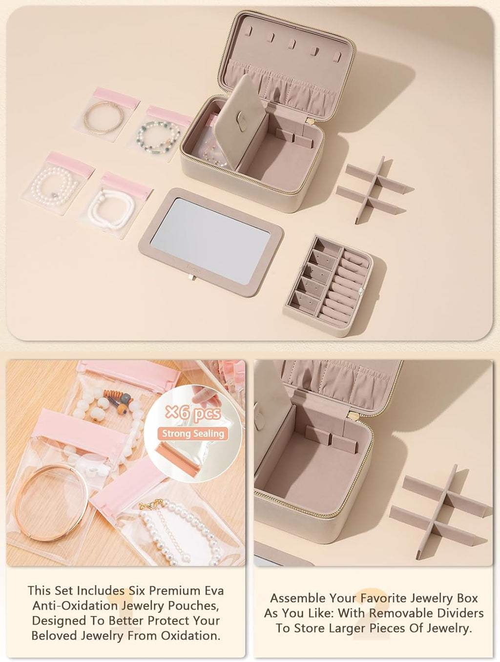 Velvet Travel Jewelry Box with Large Mirror, Double-Layer Jewelry Organizer Case for Women and Girls, Portable Storage Case with 6 Anti-Tarnish Bags Gift Ready for Her (Beige)