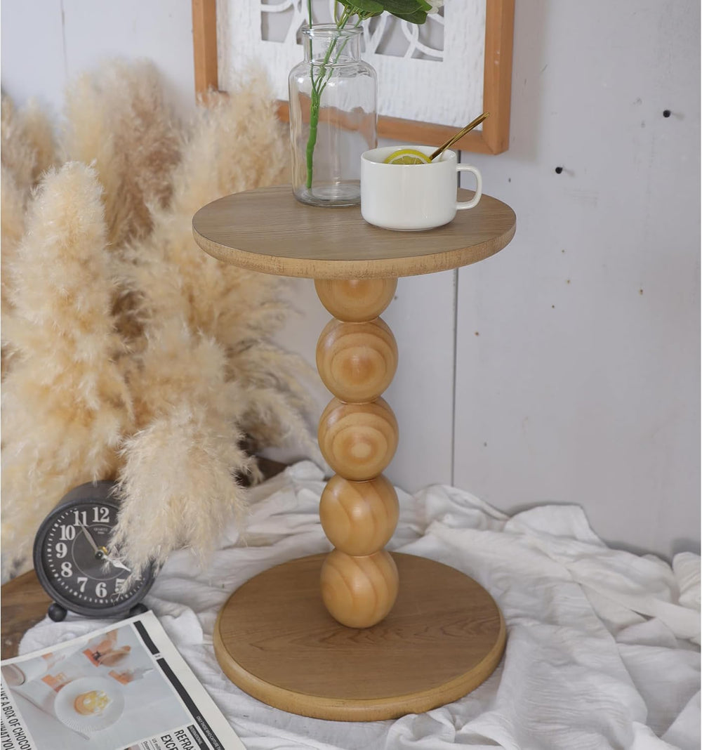 dwellington Small Round Wooden Side Table with Stacked Ball Pedestal Base, 12...