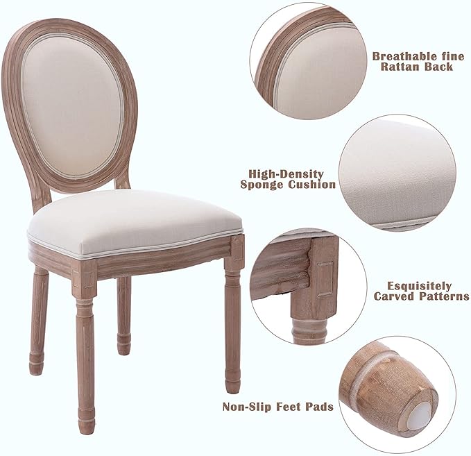 Nrizc French Country Dining Chairs Set of 4, Farmhouse Fabric Chairs with Round Back, Solid Wood Legs, Oval Side Chairs for Kitchen/Bedroom/Dining Room