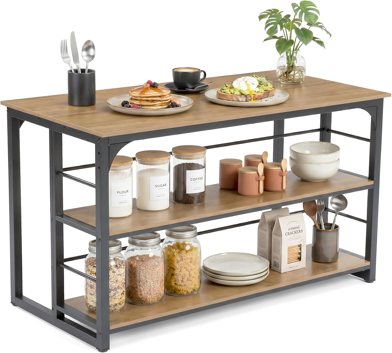 LITTLE TREE Kitchen Island with Storage, 63 Inches Width Kitchen Shelf with Large Worktop, Modern Kitchen Counter for Dining Room, Kitchen, Living Room, Easy to Assemble, Brown & Black