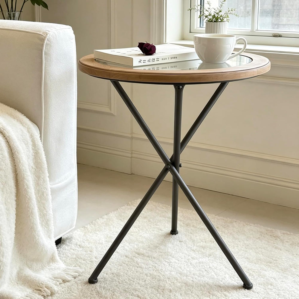 Premium Round Solid Wood Glass Top Side Table, Mid-Century Modern Industrial ...