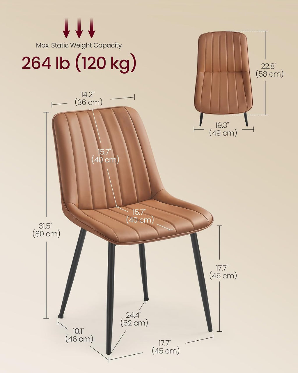 VASAGLE Dining Chairs Set of 4, Upholstered Kitchen Chairs, Synthetic Leather, Max. Load 264 lb, Steel Legs, Curved Backrest, for Dining Room, Caramel Brown and Ink Black ULDC090KN03-2J