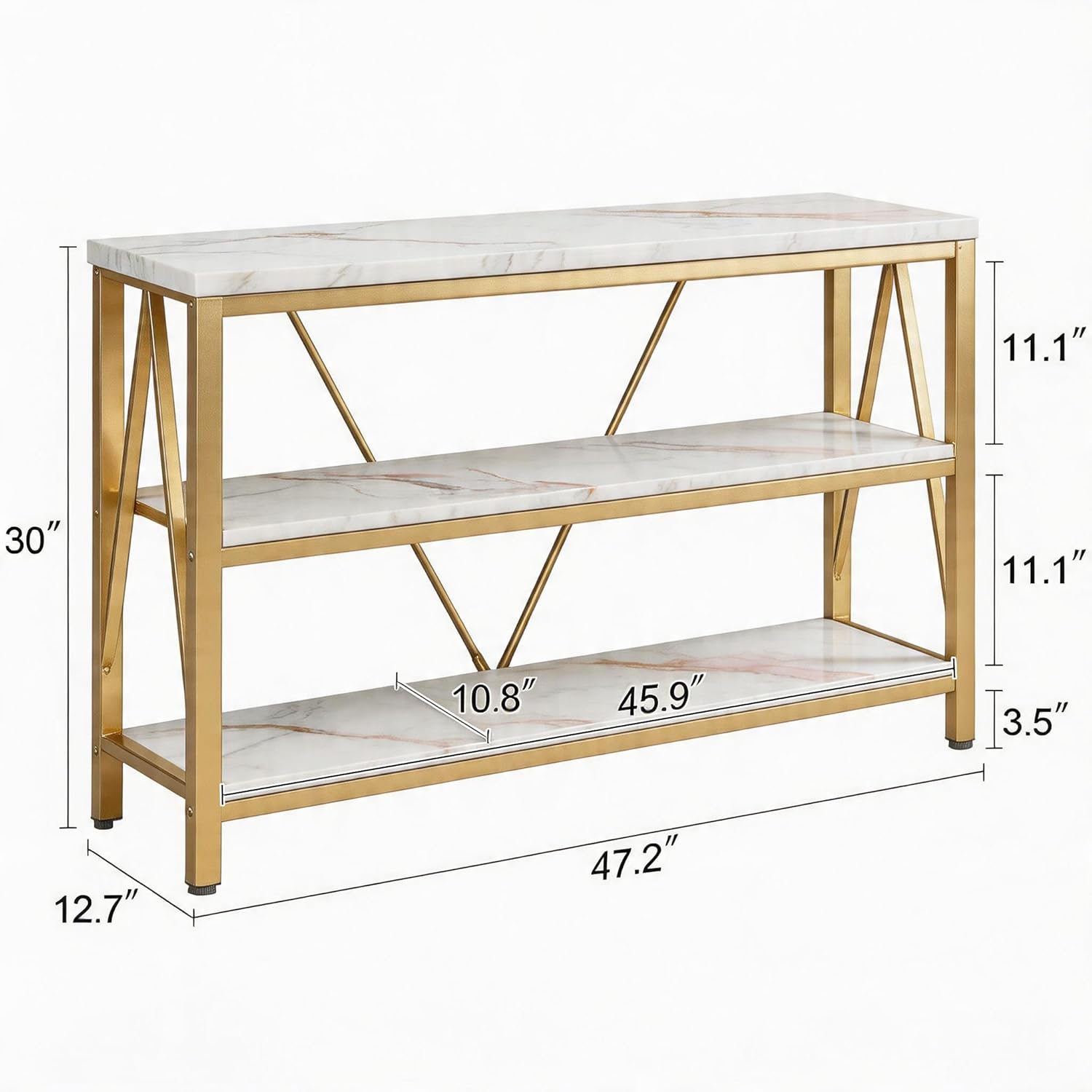 HOMISSUE Entryway Console Table, Rustic Console Tables with Wide Storage, Industrial Foyer for Entry with 3-Tier Open Shelves, Gold, 47 Inch
