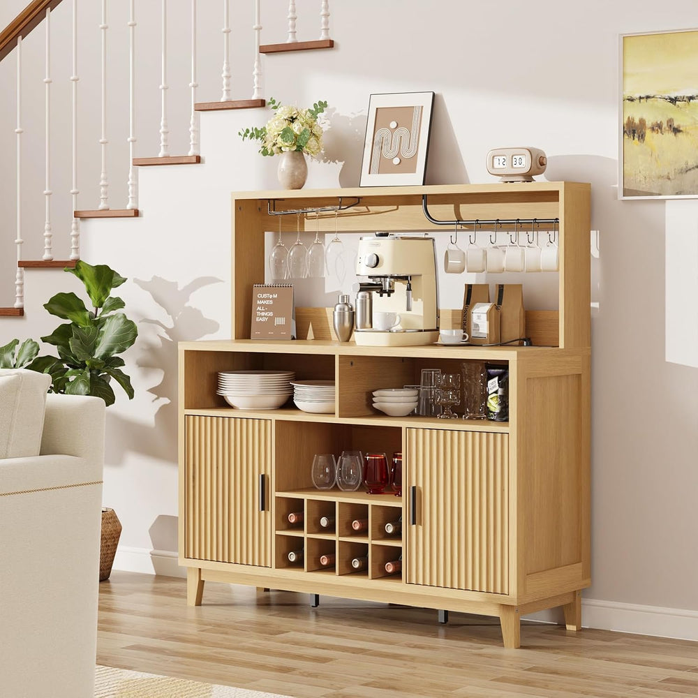 Fluted Coffee Bar Cabinet with Charging Station, 47.2" W Liquor Cabinet