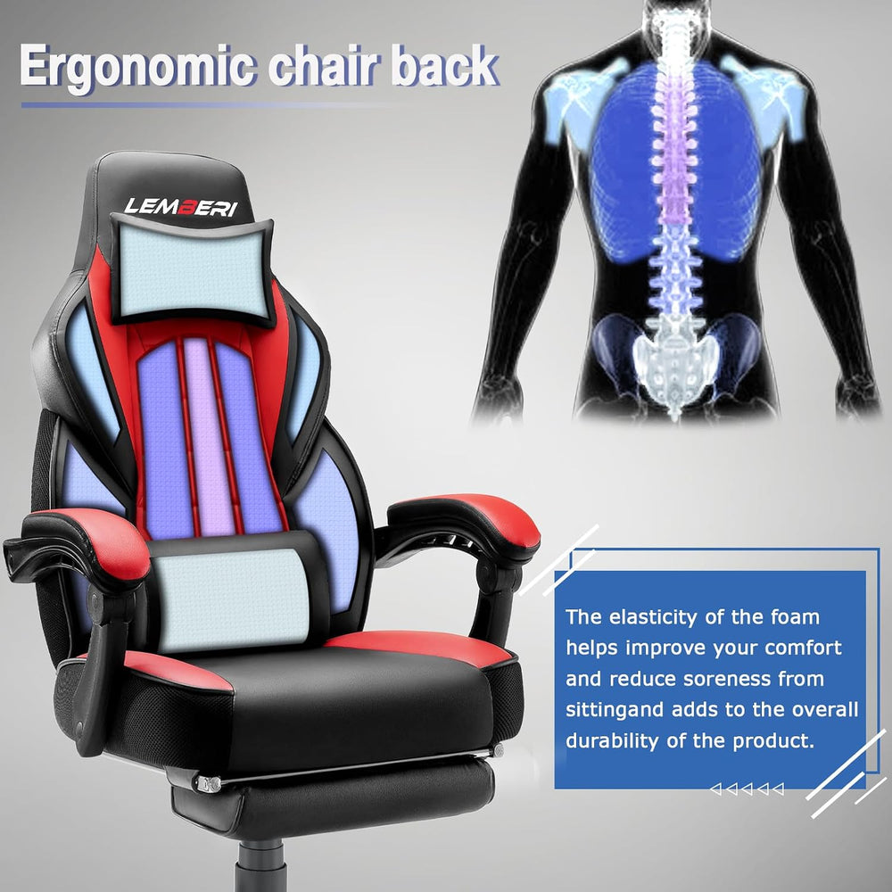 LEMBERI Big and Tall Gaming Chair, 400lb Capacity, Red | Heavy-duty steel fra...
