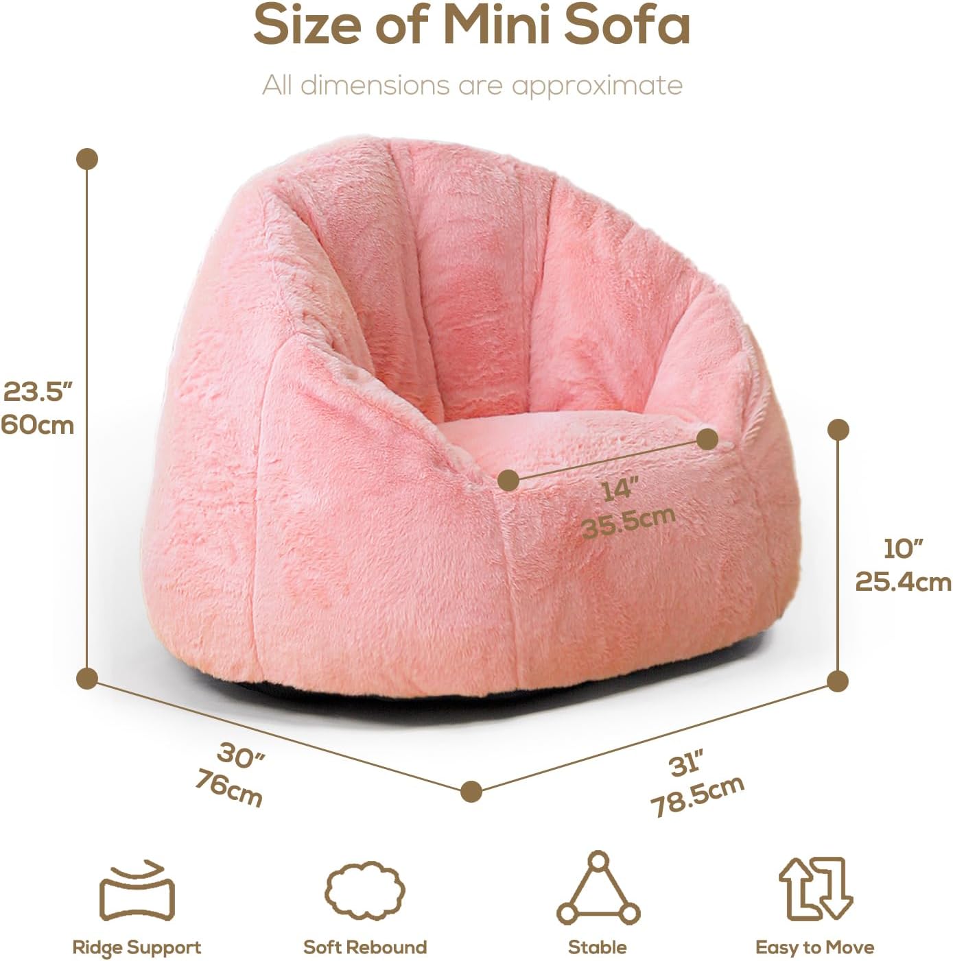 N&V Small Bean Bag Chair for Kids, Children Mini Bean Bag Sack, Foam Filling, Includes Removable and Machine Washable Cover, 27in, Soft Faux Fur (Pink)
