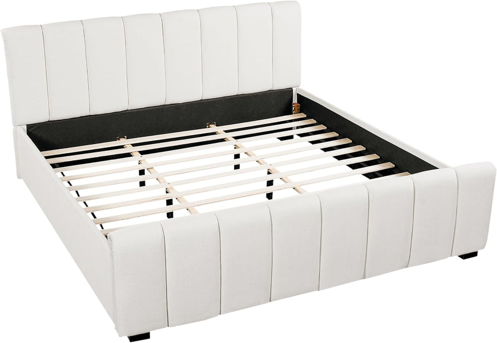 Merax King Upholstered Bed with Thick Headboard and Footboard, Beige
