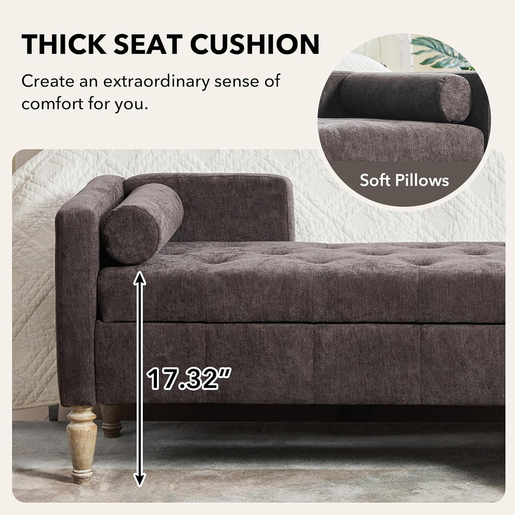 NIOIIKIT 65" Corduroy Upholstered Storage Ottoman Bench with Pillows Coffee | Large Entryway Bench with Wood Leg, End of Bed Bench with Straight Armrest, Window Bench for Bedroom, Living Room