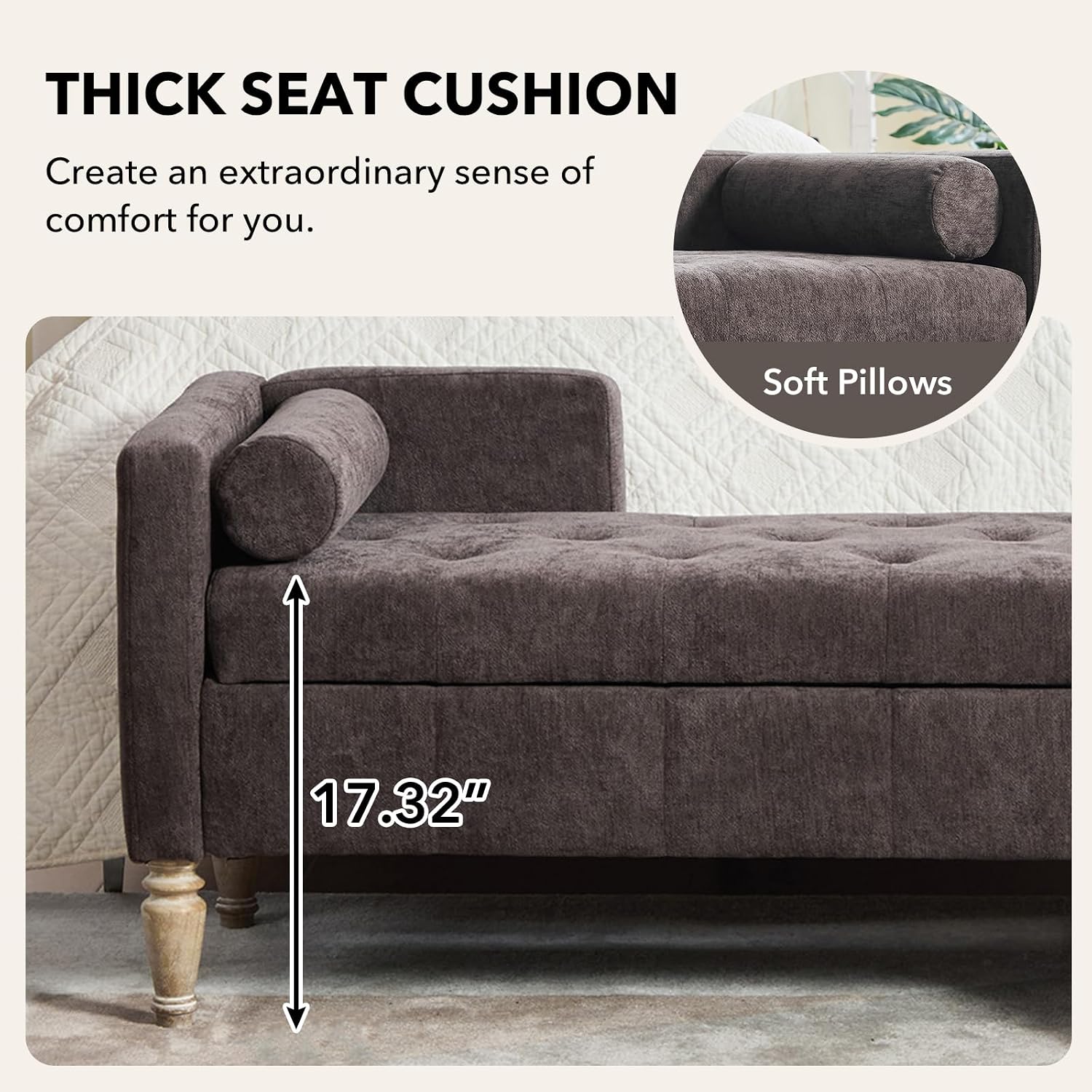 NIOIIKIT 65" Corduroy Upholstered Storage Ottoman Bench with Pillows Coffee | Large Entryway Bench with Wood Leg, End of Bed Bench with Straight Armrest, Window Bench for Bedroom, Living Room