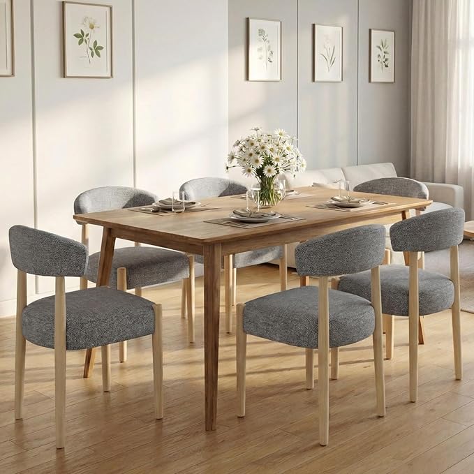 VKNOW Wooden Dining Chairs Set of 6, Modern Upholstered Dining Room Chairs with Rubberwood Legs and Curved Backrest, Fabric Kitchen Chairs for Farmhouse/Living Room/Dining Room, Gray