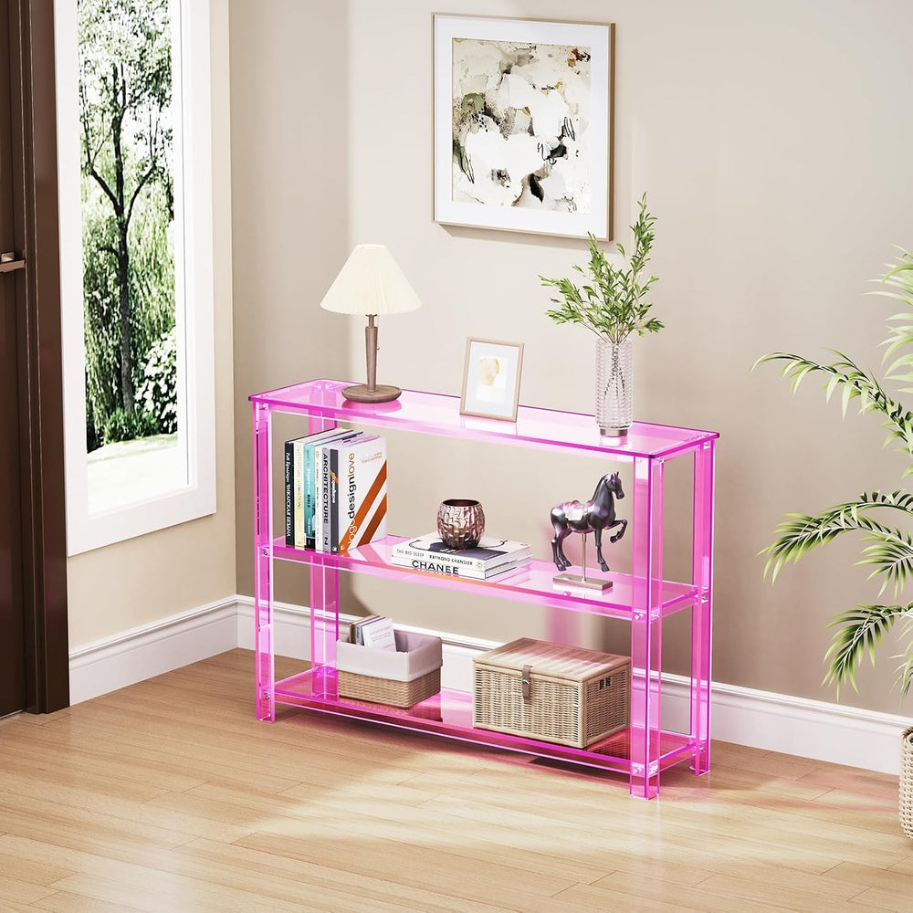 Acrylic Console Table, 3 Tier Entryway Table with Storage Shelves (Light Pink)