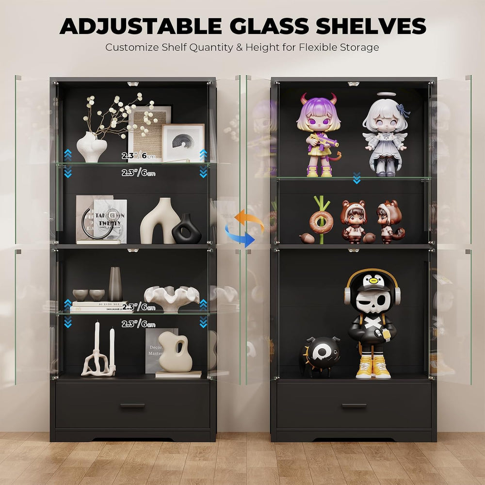 BROTTAR 4-Tier Display Cabinet with Glass Doors and Drawer for Collectibles