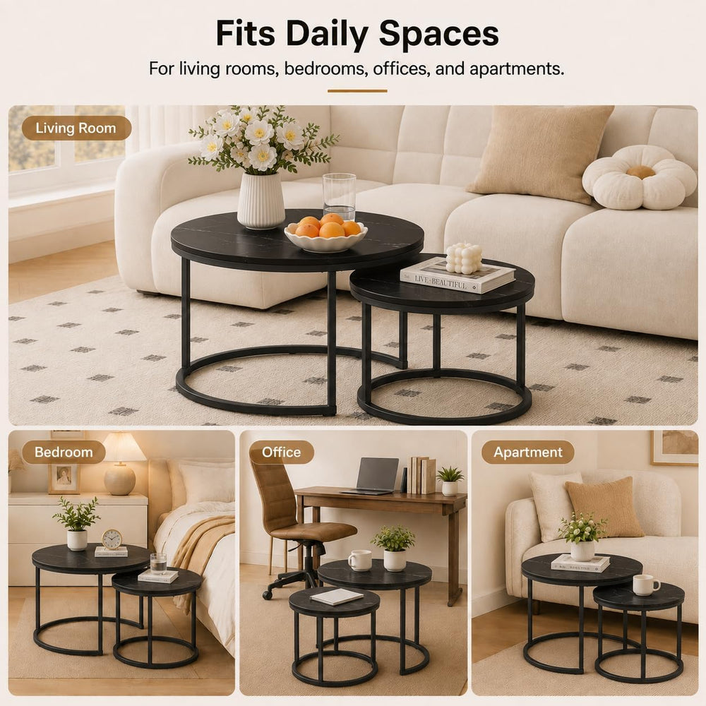 Nesting Coffee Table Set of 2，Black + Black | 27.6'' Industrial Coffe...