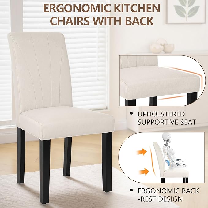 VECELO Upholstered Dining Chairs Set of 4, Modern Fabric and High Back & Solid Wood Legs, Parsons for Kitchen/Living Room- Beige