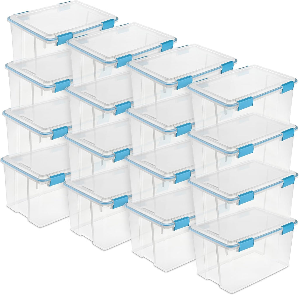 Sterilite 16-Pack Gasket Box, Weather-Resistant Storage Bins with Latching Lids, 54 Quart - Heavy-Duty Organizing Containers for Closet, Bathroom, and Office