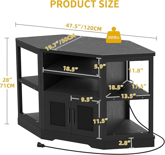 DWVO Corner TV Stand for 50 Inch TV, Farmhouse TV Stands for Living Room, Black Entertainment Center with Storage & Power Outlets, Wood TV Console Cabinet, Black