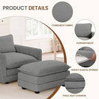 ROWHY Single Armchair with Ottoman, Modern Corduroy Cloud Couch with Convertible Chaise, Upholstered Sofa Set for Living Room and Office, Dark Grey