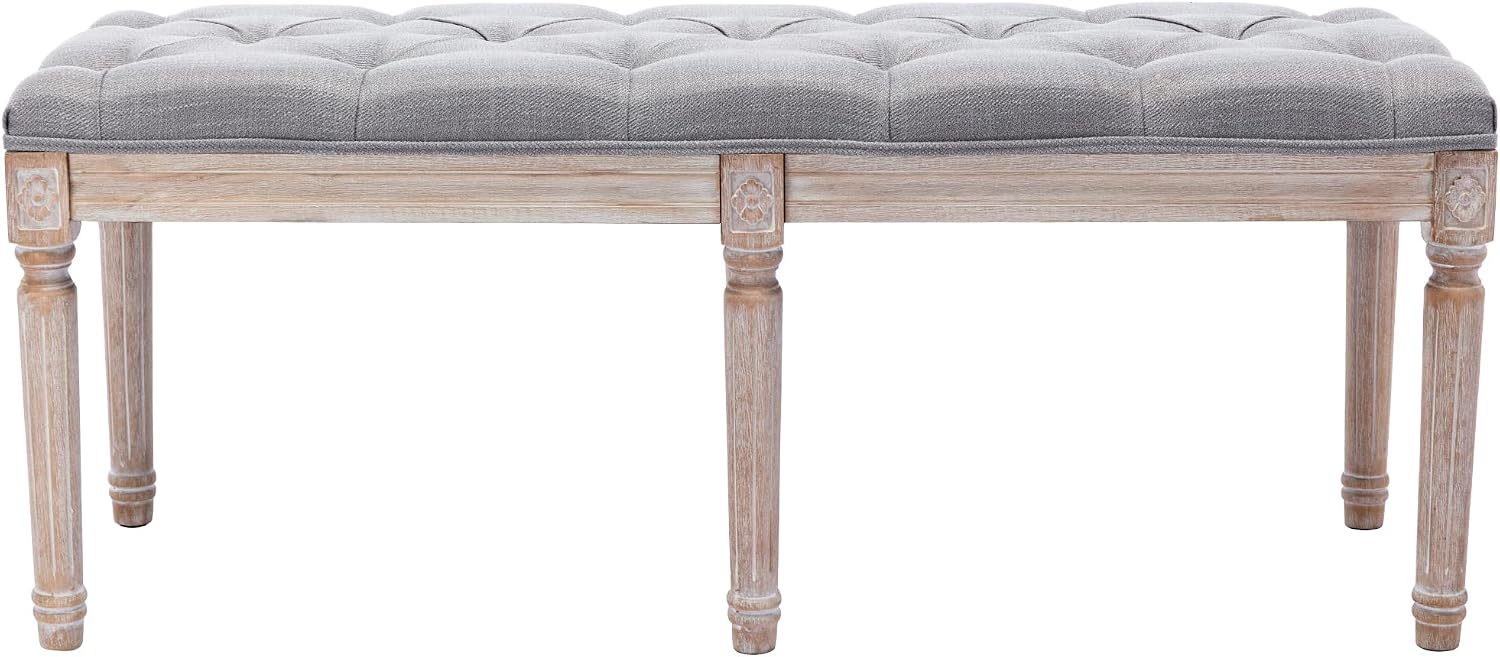 chairus Fabric Upholstered Dining Bench - Classic Entryway Ottoman Bench Bedroom Bench with Rustic Wood Legs - Gray