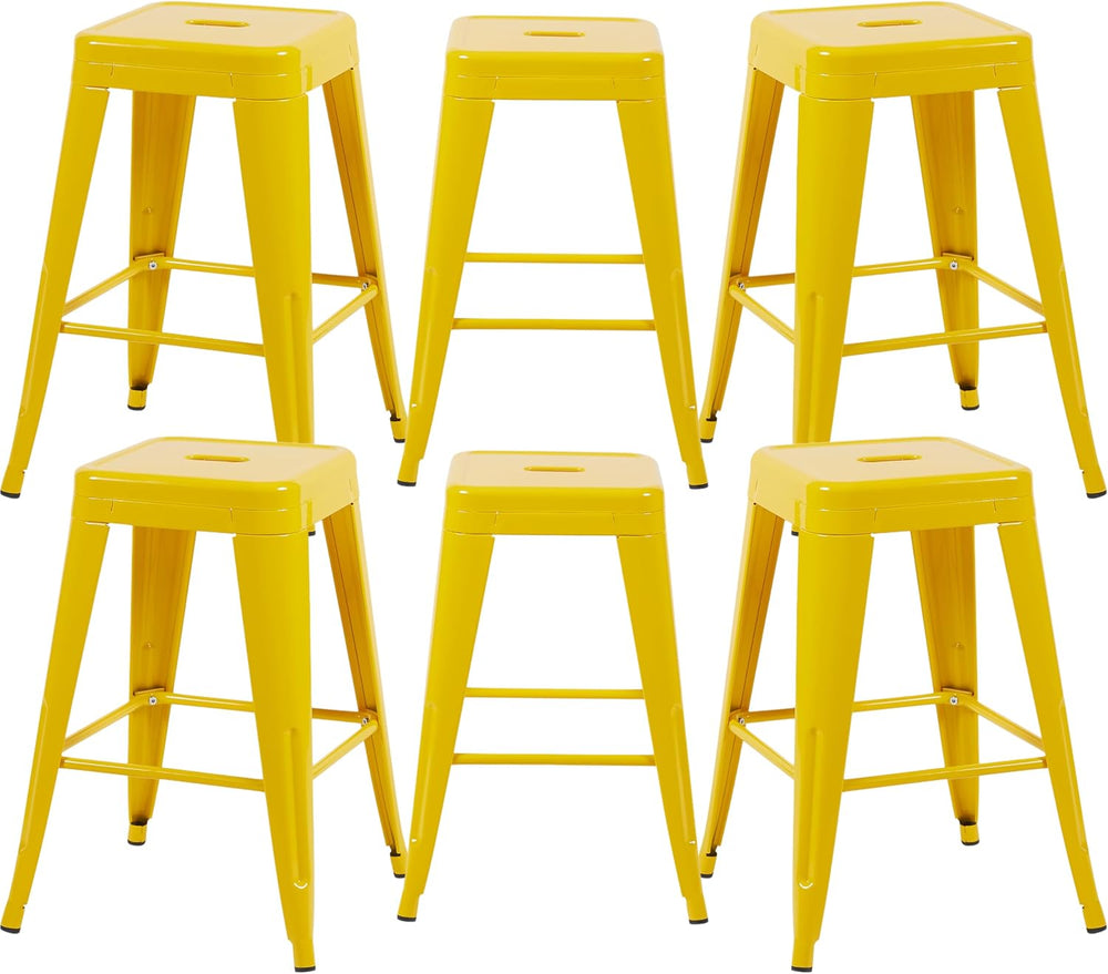 24 Inch Yellow Metal Counter Stools, Set of 6, Backless