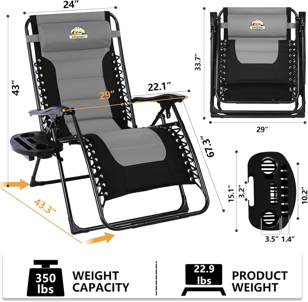 Colegence Oversized Padded Zero Gravity Lounge Chair, Foldable Patio Anti Gravity Reclining Chairs Folding Lawn Recliner with Cup Holder for Yard, Camping, Outdoor, Support 350 LBS, Black