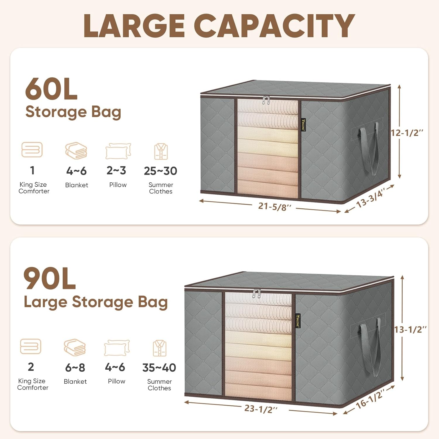 BALEINE 8 Pack Clothes Storage Bags, 16 Gallon Storage Containers with Reinforced Handle, Sturdy Zipper, Closet Organizer for Blanket, Comforter, Pillow, Bedding (Grey, 8 Pack)