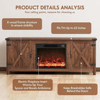 YESHOMY Fireplace TV Stand with Two Barn Doors and Storage Cabinets for Televisions up to 65+ Inch, Entertainment Center Console Table, Media Furniture for Living Room, 58 Inch, Brown