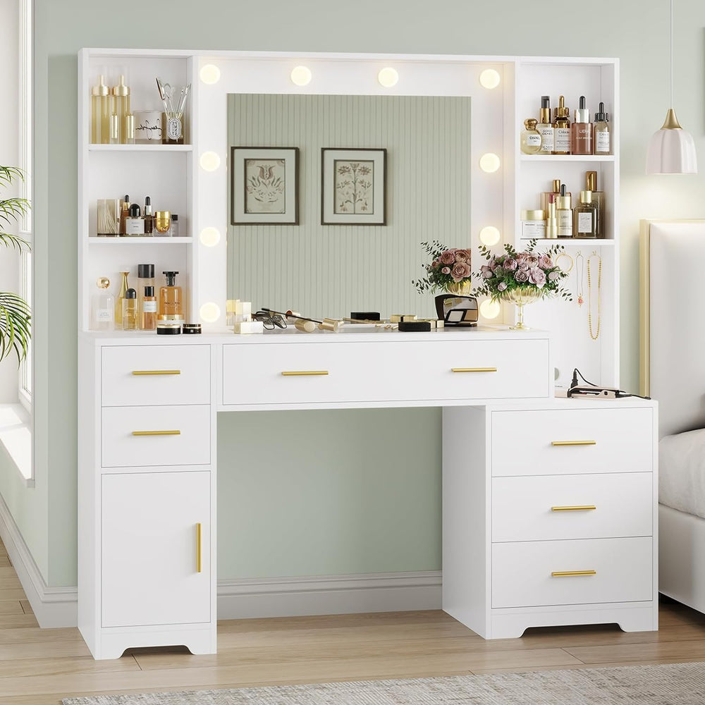 Hasuit 48.8'' Large Vanity Desk with Lighted Mirror & Power Outle...