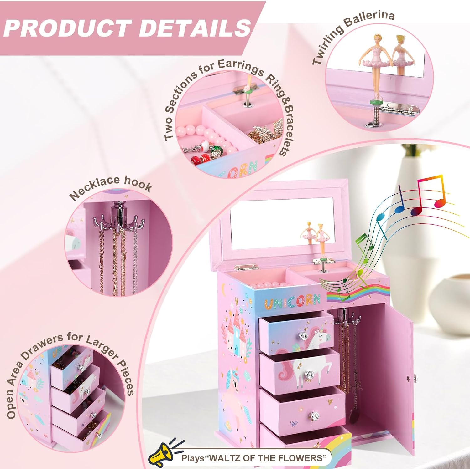 Jewelry Box for Girls 5-Layer with Swing Door Spinning Ballerina Unicorn &Castle Design Unicorn Jewelry Set Included Kids Music Box for Little Girls Birthday Christmas Gift (Pink & Blue)