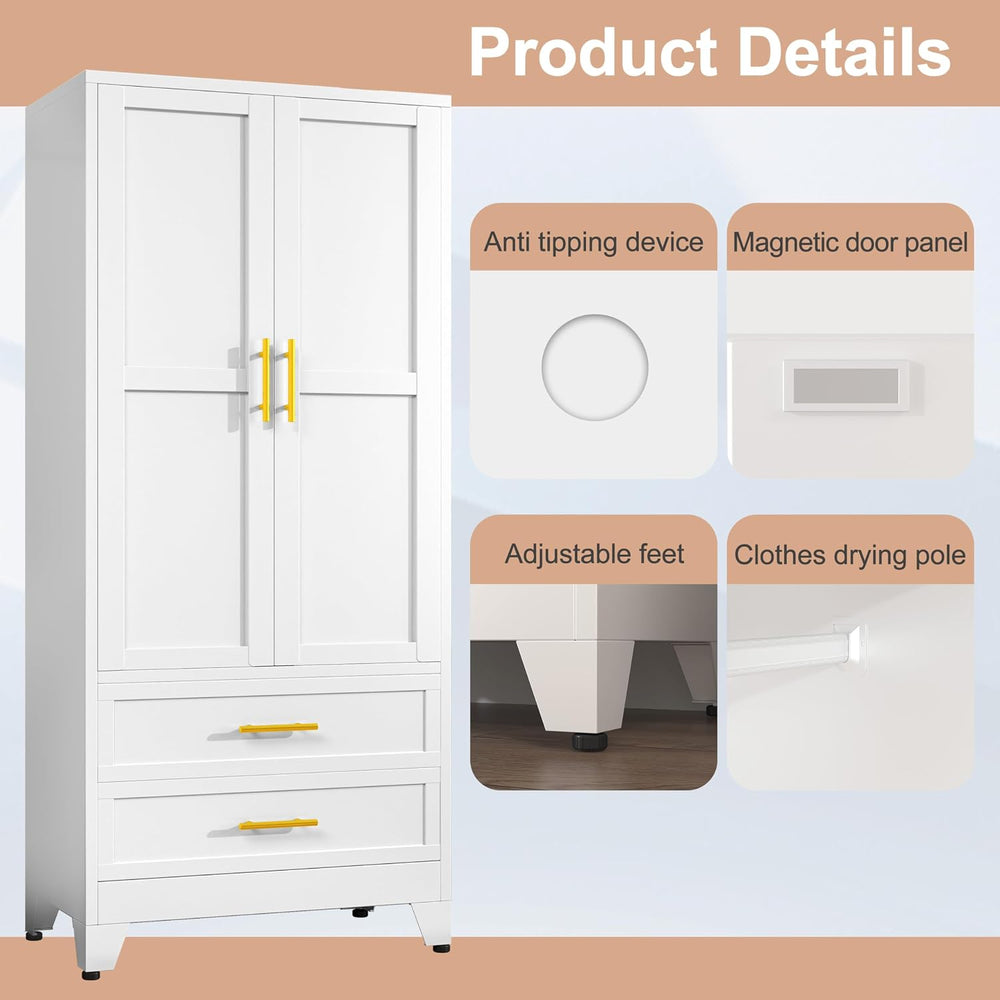 PAOFIN White 71" Metal Armoire Wardrobe Closet, Bedroom Clothing Storage...