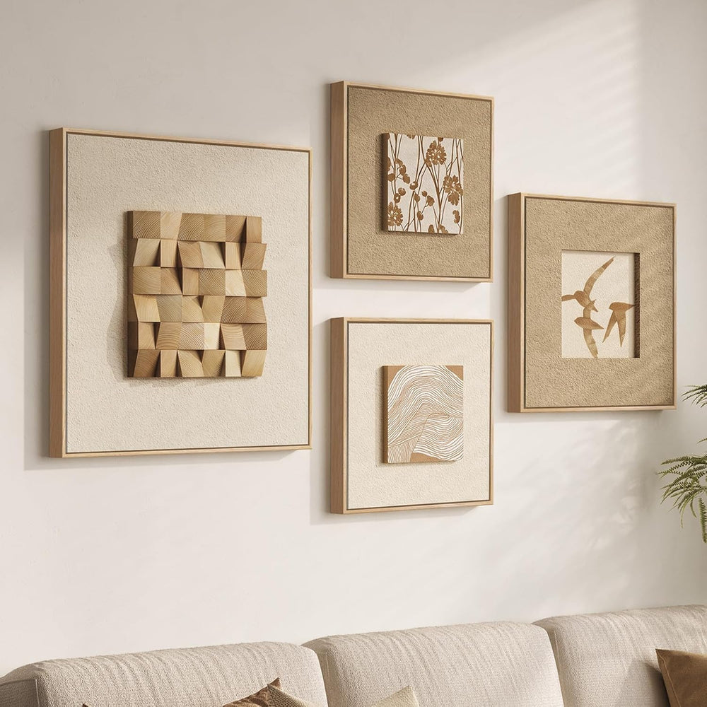 Large Framed 3D Textured Wood Wall Art 4 for Living Room, Neutral Set of 4