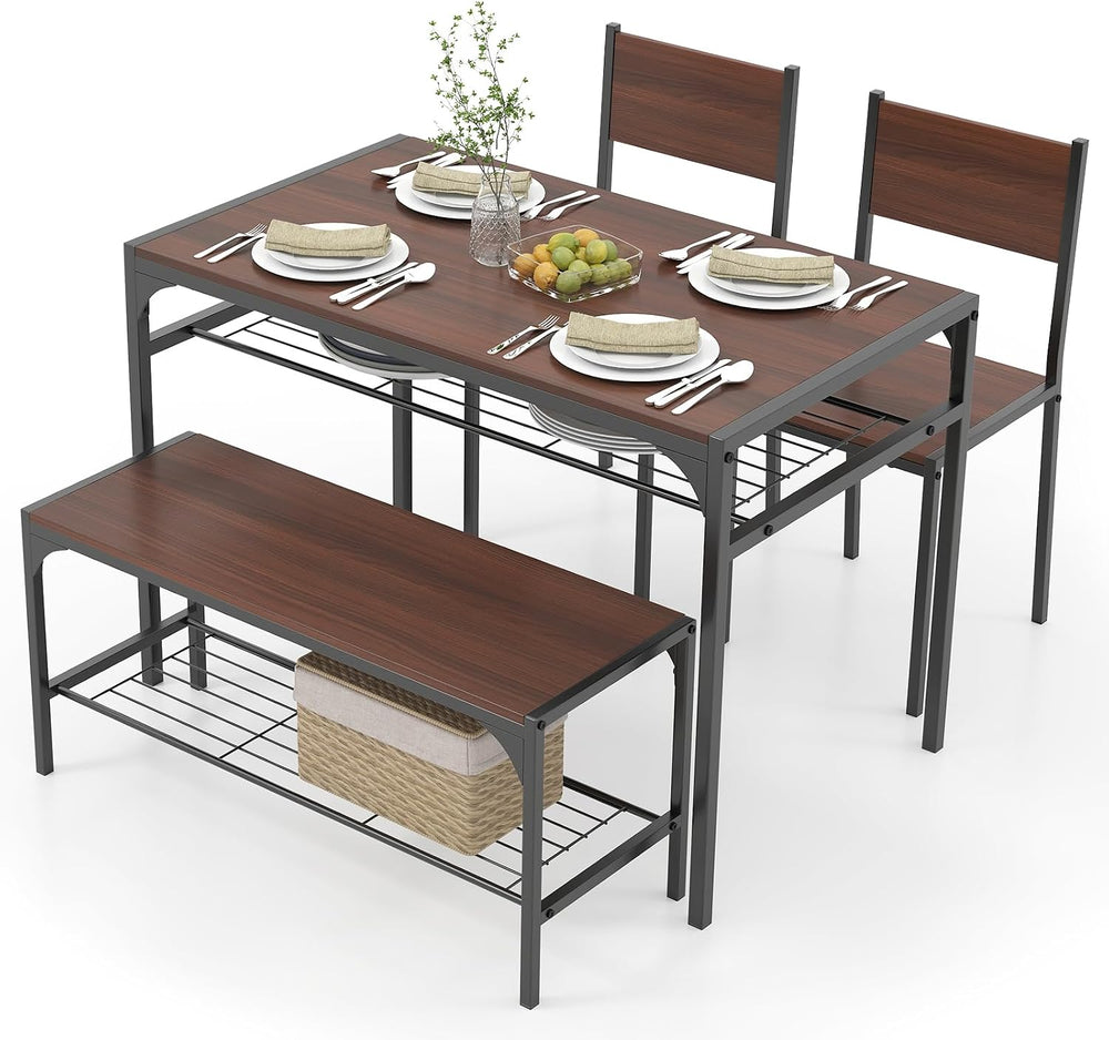 COSTWAY Dining Table Set for 4 with Bench & 2 Chairs, Storage Racks, Walnut