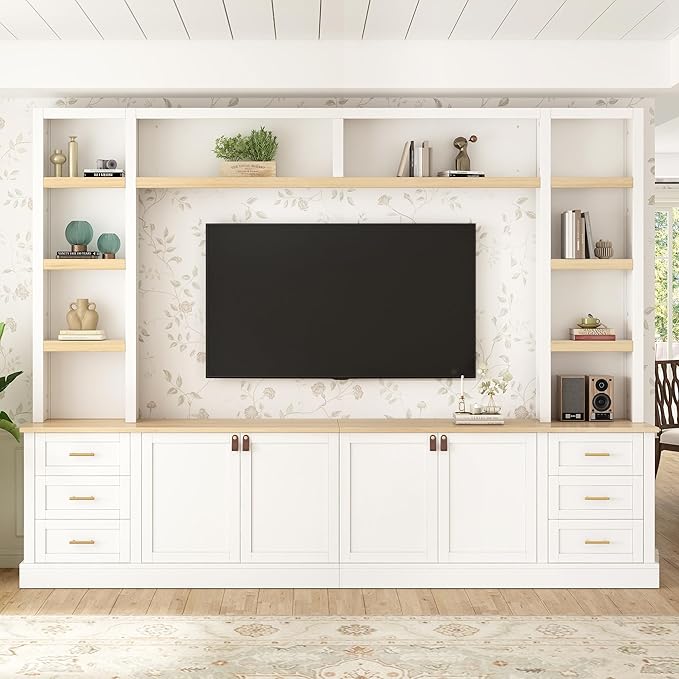 Merax 102.3 Inch Wide Farmhouse Entertainment Center, Rustic TV Stand with 6 Drawers & Adjustable Shelves, Large Media Console for TVs up to 75", Modern Bookshelves Wall Unit, White
