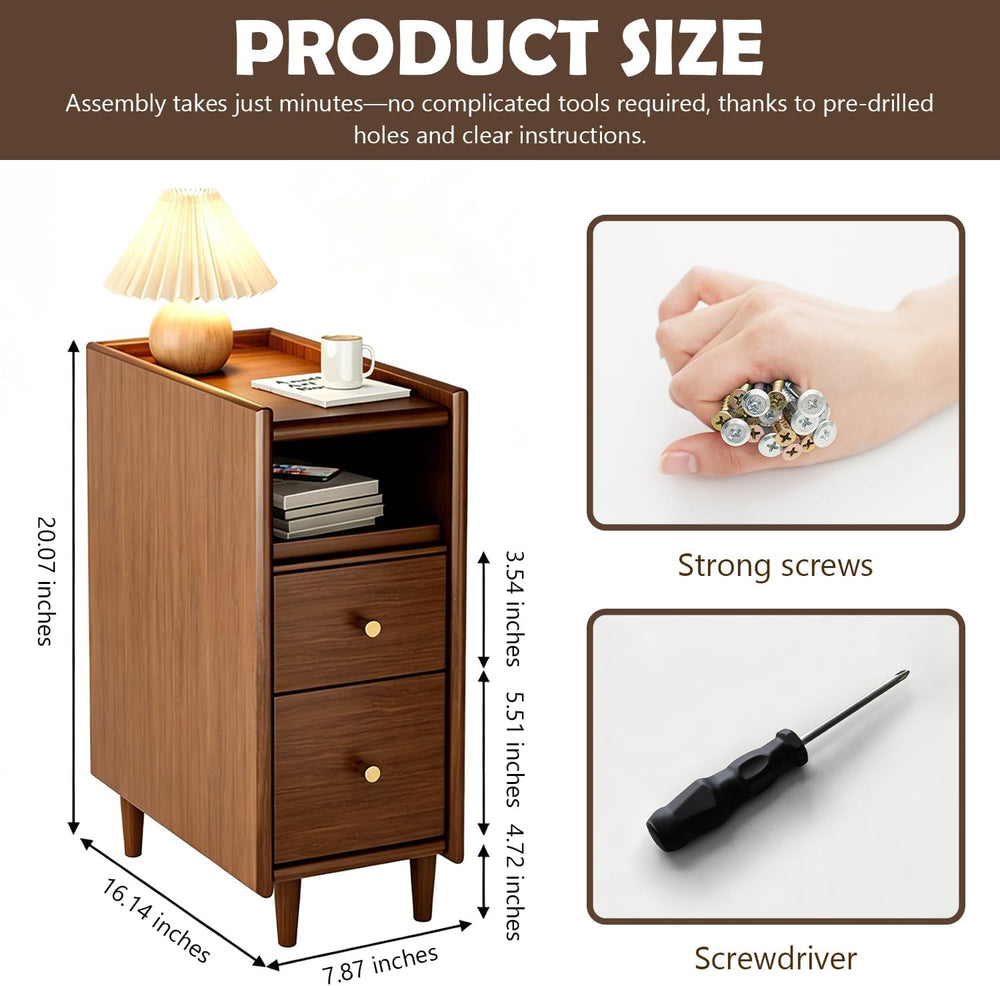 YUNMUARY-Walnut Nightstand,Narrow Side Table with 2 Drawer,Fluted Bedside Tab...