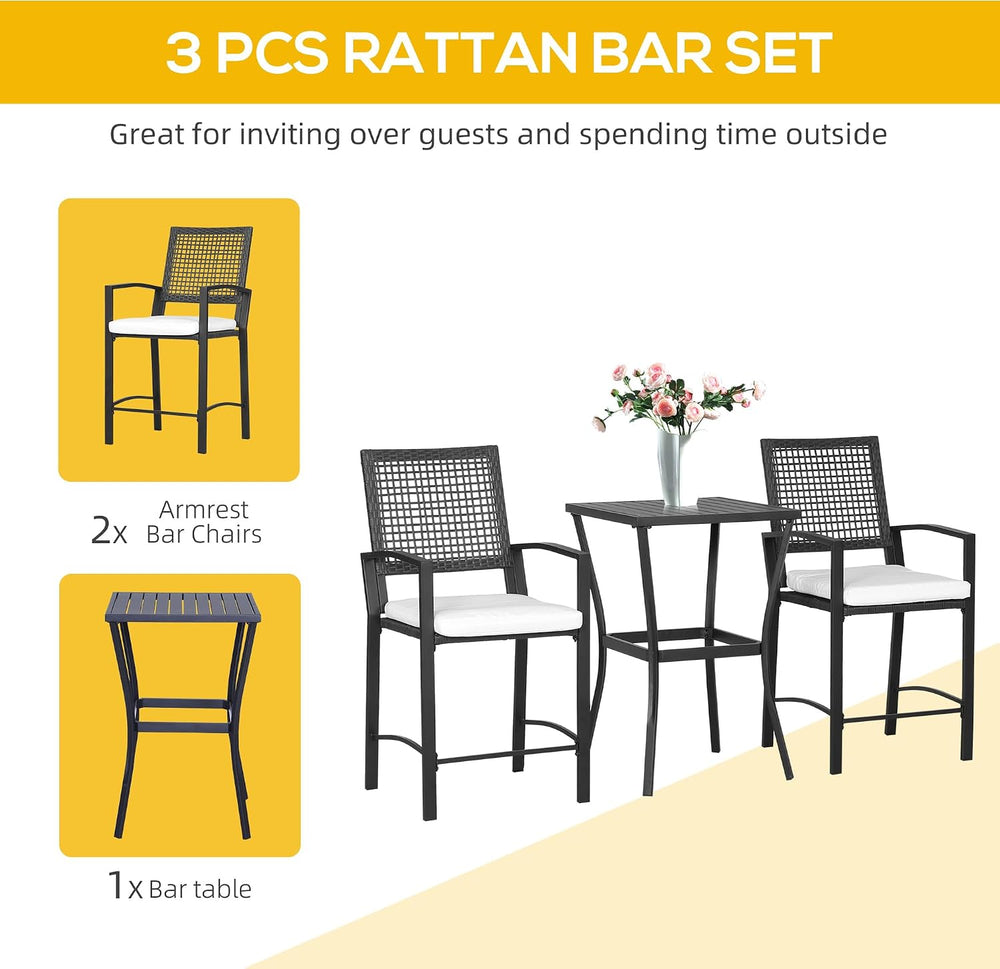 Patio Bar Set, 3 PCS Rattan Wicker Outdoor Furniture Set with Cushioned Stool...