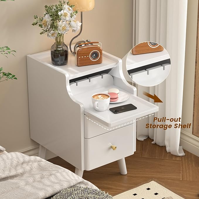 Narrow Nightstand, Solid Wood Night Stand with 2 Drawers, Black Mid Century Modern Nightstand, Small Beside Table with Open Storage Shelf for Bedroom（12 inch