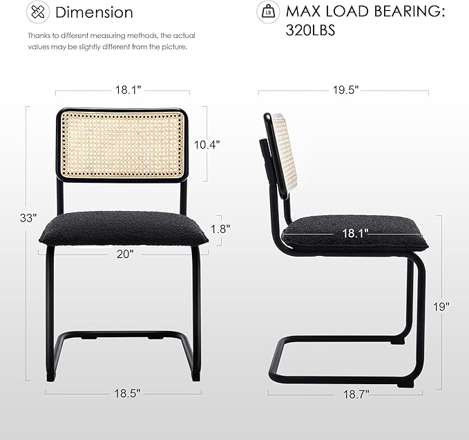 Zesthouse Natural Rattan Dining Chairs Set of 4, Modern Kitchen Chairs with Solid Wood Back for Dining Room Living Room, Mid Century Breuer Design Inspired, Upholstered Boule Fabric, Black