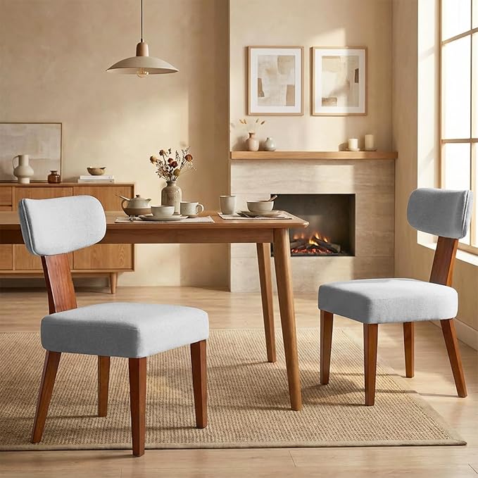 Dining Chairs Set of 2, Mid-Century Modern Upholstered Kitchen Chairs with Curved Backrest and Linen Fabric Seat, Wood Leg Accent Chairs for Dining Room, Living Room, Bedroom, Grey