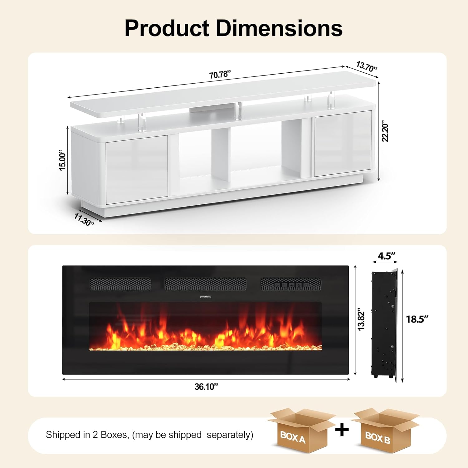oneinmil 70" White Fireplace TV Stand for Living Room, Electric Fireplace Entertainment Center with Dual LED Lights & Storage Cabinets, Fits TVs up to 80", Media Console for Home Office, White