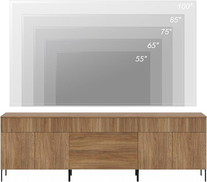 WAMPAT Fluted TV Stand for TVs up to 100", 3 in 1 Modern Entertainment Center with Storage Cabinets and 5 Drawers & 4 Doors,Wood Media TV Console Table with Storage for Living Room, Light Walnut