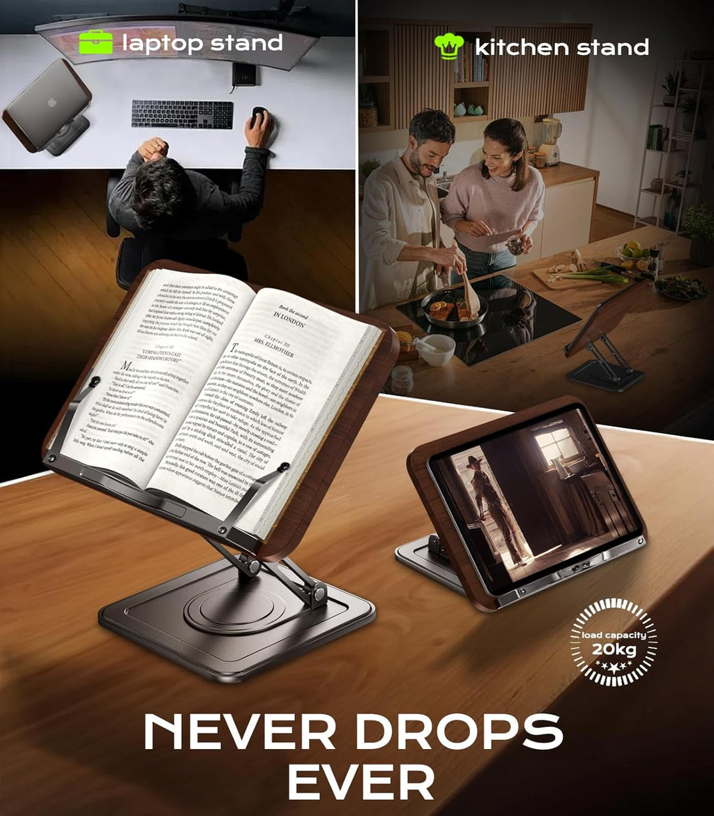 Book Stand for Reading, Adjustable Book Holder with 360°Rotating Bases, Ergonomic Cookbook Stand Recipe Book Holder with Elastic Page Clips for Magazines, Tablets, Laptops