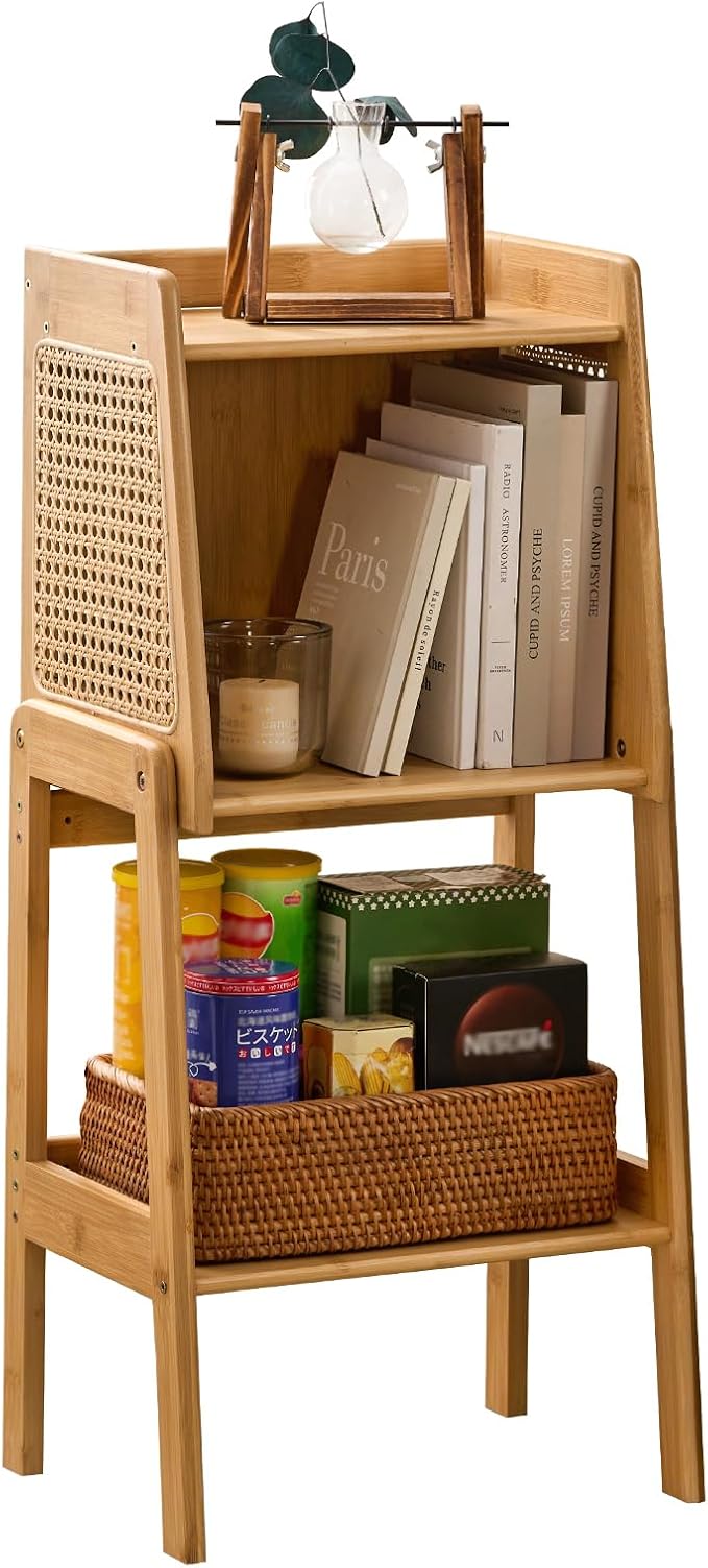 Welnow Bamboo Rattan Bookcase with Cabinet, 1-Tier Storage Shelf with Side Ta...