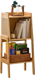 Welnow Bamboo Rattan Bookcase with Cabinet, 1-Tier Storage Shelf with Side Table & End Table Function, Large Modern Wood Organizer for Living Room or Bedroom, Natural Bookshelf