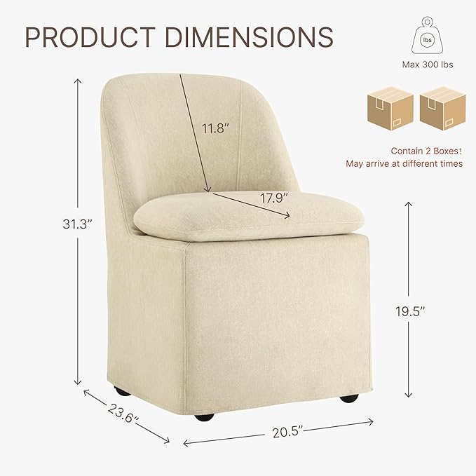 Upholstered Dining Chairs with Casters, Washable Cover Modern Dining Room Chairs with Thick Cushion & Sturdy Metal Frame for Kitchen, Living Room, Dressing Room, Sand Fabric, Set of 4