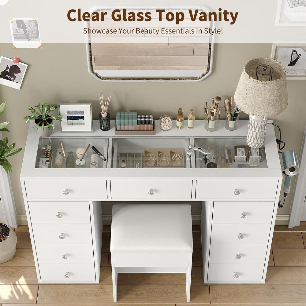 Yanosaku 47" Vanity Desk Without Mirror, Glass Top Makeup Vanity with 11...