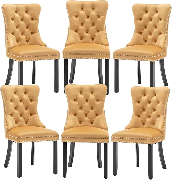 Velvet Dining Chairs Set of 6,Upholstered Dining Chairs with Ring Pull Trim and Button Back,Modern Seating for Kitchen, Bedroom & Living Room(Gold)