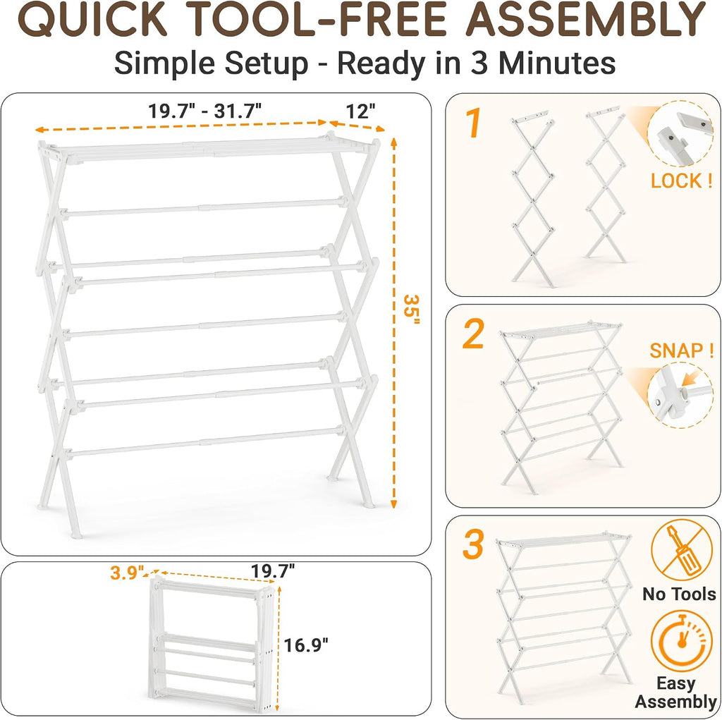 Collapsible Laundry Drying Rack for Small Apartment,35 lbs Carbon Steel with Reinforced Joints, Adjustable Space Saving Indoor Outdoor Rack, No Tools, 17.7"-29" W x 12" D x 35.5" H, White