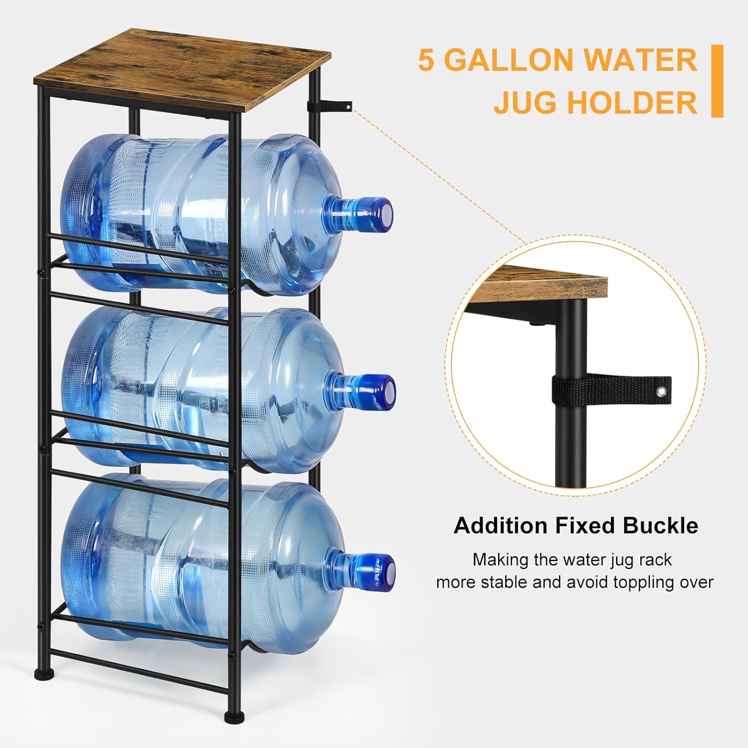 5 Gallon Water Bottle Jug Holder 3-Tier Water Bottle Holder Organizer with Top Shelf, Heavy Duty Water Dispenser Stand Rack for Kitchen Living Room Office, Rustic Brown