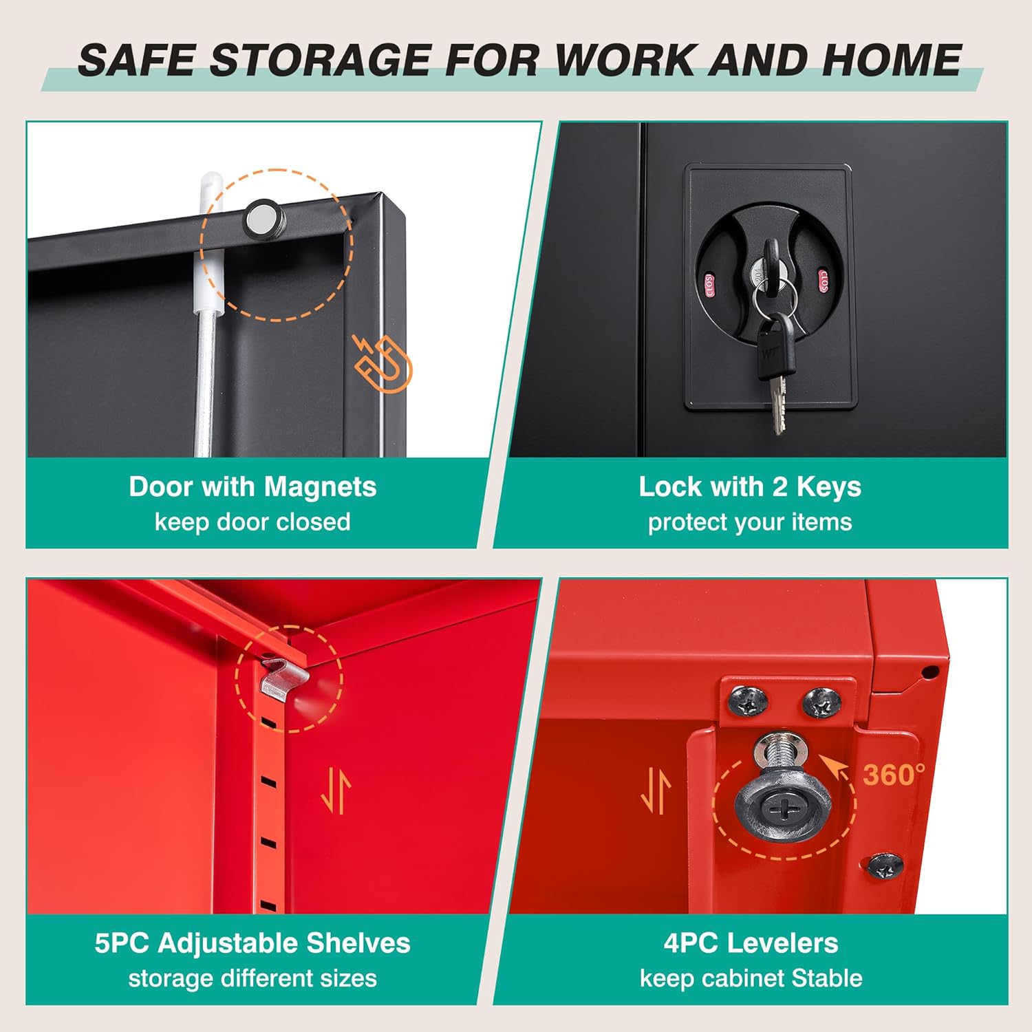 SISESOL Red Metal Storage Cabinet with Locking Doors and Shelves,Garage Storage Cabinet with Lock,Steel Locker,Lockable Cabinets for Home,Office,Shop,Garage Cabinets