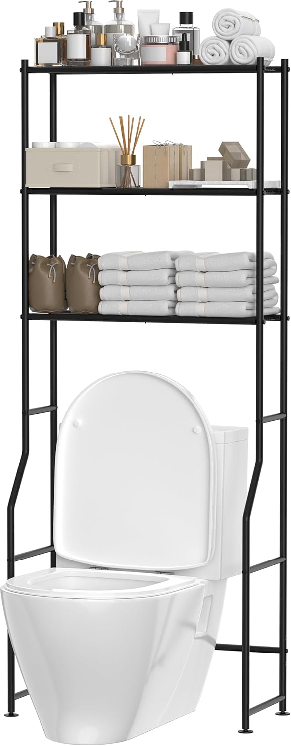 3-Tier Over The Toilet Storage, Freestanding Metal Bathroom Shelves, Space Saver Above The Over Toilet Storage Shelf for Bathroom (Black)